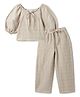 Tales & Stories Viscose Woven Three Fourth Puffed Sleeves Textured Top & Pant Set - Beige