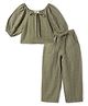 Tales & Stories Viscose Woven Three Fourth Puffed Sleeves Textured Top & Pant Set - Olive Green