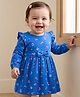 Doodle Poodle 100% Cotton Single Jersey Knit Full Sleeves Floral Printed Frock with Bloomer & Bow Applique - Royal Blue