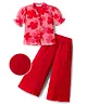 OLLINGTON ST. Woven Floral Printed Half Sleeves Top & Pleated Georgette Culottes Set - Red