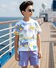 OLLINGTON ST. Cotton Knit Sleeves Printed T-Shirt & Knit Shorts Set - White & Purple
