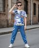 OLLINGTON ST. Knit Half Sleeves Printed T-Shirt & Stretchable Denim Joggers Set - Multicolor & Blue