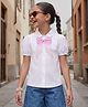 Pine Kids Cotton Woven Half Puffed Sleeves Top with Bow Applique - White