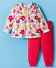 Doodle Poodle 100% Cotton Single Jersey Knit Full Sleeves Floral Printed Top & Lounge Pant Set with Bow Applique - Red & White