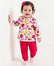 Doodle Poodle 100% Cotton Single Jersey Knit Full Sleeves Floral Printed Top & Lounge Pant Set with Bow Applique - Red & White