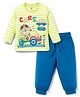 Doodle Poodle 100% Cotton Single Jersey Knit Full Sleeves T-Shirt & Joggers Set With Stripes & Teddy Print - Navy Blue & Light Green