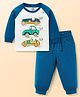 Doodle Poodle 100% Cotton Knit Full Raglan Sleeves T-Shirt & Joggers Set With Vehicle Print- Blue & White
