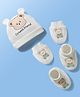 Babyoye 100% Cotton Knit Bear Printed Cap Mitten & Booties Set White - Diameter 9 cm