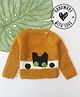 Woonie Hand Knitted Full Sleeves Cat Embroidered Sweater - Mustard