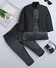 Fourfolds Jacquard Woven Full Sleeves Solid Sherwani With Abstract Embroidered Attached Jacket & Trousers Set - Black