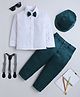 Fourfolds Cotton Woven Full Sleeves Solid Shirt & Trousers With Cap Suspender & Bow Set - Navy Blue