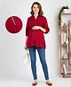 Bella Mama Woven Three Fourth Sleeves Solid Color Pleated Yoke Maternity Top - Maroon