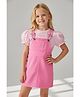 Cherry Crumble By Nitt Hyman Woven Solid Pinafore Dress With Half Puffed Sleeves Top - Pink
