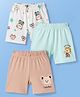 Babyoye 100% Cotton Knit Shorts With Bear Print Pack Of 3 - White Aqua & Tan