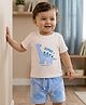 Babyoye Cotton Blend Knit Half Sleeves T-Shirt & Shorts Set with Dino Patch Detailing - Light Blue & White