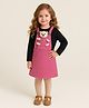 Little Marine Cotton Blend Knit Teddy Bear Applique Detailed Pinafore Dress With Full Sleeves Top - Pink & Black