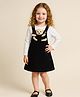 Little Marine Cotton Blend Knit Teddy Bear Applique Detailed Pinafore Dress With Full Sleeves Top - Black & White