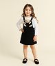 Little Marine Cotton Blend Knit Teddy Bear Applique Detailed Pinafore Dress With Full Sleeves Top - Black & White