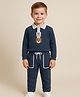 Little Marine Cotton Blend Knit Full Sleeves Bear Detailed Tee  With Pant Set  - Navy Blue