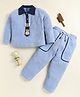 Little Marine Cotton Blend Knit Full Sleeves Teddy Bear Patch Embroidered Ribbed Polo Tee & Pant Set - Light Blue