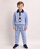 Little Marine Cotton Blend Knit Full Sleeves Teddy Bear Patch Embroidered Ribbed Polo Tee & Pant Set - Light Blue