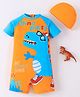 Mark & Mia Half Raglan Sleeves Legged Swimsuit With Dino Print & Cap - Orange