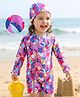 Mark & Mia Full Raglan Sleeves Legged Swimsuit With Bird Print & Cap - Purple