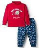 CUCUMBER Interlock Knit Full Sleeves T-Shirt & Lounge Pant Set With Text Print - Red & Navy Blue