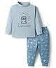 CUCUMBER Interlock Knit Full Sleeves T-Shirt & Lounge Pant Set With Text Print - Blue