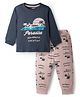 CUCUMBER Interlock Knit Full Sleeves T-Shirt & Lounge Pant Set With Beach Theme Print - Navy Blue