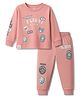 CUCUMBER Interlock Knit Full Sleeves T-Shirt & Lounge Pant Set with Text Print - Light Red