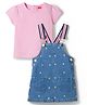Babyhug Denim Woven Frock with Half Sleeves Inner Tee & Floral Embroidery - Blue & Pink