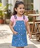 Babyhug Denim Woven Frock with Half Sleeves Inner Tee & Floral Embroidery - Blue & Pink