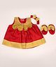 BownBee Chanderi Woven Sleeveless Floral Applique Detailed & Colour Blocked Dress With Headband & Booties - Red