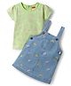 Babyhug Denim Woven Half Sleeves Frock with Inner T-Shirt & Floral Embroidery - Blue