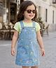 Babyhug Denim Woven Half Sleeves Frock with Inner T-Shirt & Floral Embroidery - Blue