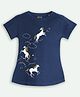 Ariel Cotton Knit Half Sleeves Unicorn Printed Tee - Navy Blue