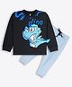 Ariel Cotton Knit Full Sleeves Dinosaur Printed Tee With Pant Set - Navy Blue & Blue