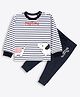 Ariel Cotton Knit Full Sleeves Animal Printed & Striped Tee With Pant Set - White & Navy Blue