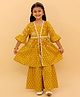 The Mom Store Cotton Woven Three Fourth Bell Sleeves Floral Printed Lace Detailed Kurti & Sharara Set - Yellow