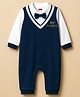 Babyhug Interlock Knit Full Sleeves Party Romper With Attached Waistcoat & Bow - Navy Blue