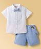 ToffyHouse Cotton Woven Half Sleeves Printed Shirt & Shorts Set With Pintuck Detailing Bow Suspender & Hat - Light Blue & White