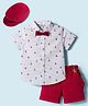ToffyHouse Cotton Woven Half Sleeves Boat Printed Shirt & Shorts With Bow Suspender & Hat - White & Red