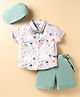 ToffyHouse 100% Cotton Woven Half Sleeves Floral Printed Party Shirt & Shorts Set With Suspender Bow & Hat - Sea Green