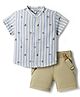 ToffyHouse Cotton Woven Half Sleeves Striped Shirt & Shorts Set with Suspender - Olive Green & Blue