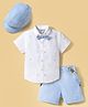 ToffyHouse Cotton Woven Half Sleeves Paper Plane Printed Shirt & Shorts With Bow Suspender & Hat - Light Blue & White