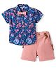 ToffyHouse Cotton Woven Half Sleeves Party Shirt & Shorts With Bow & Suspender with Floral Print  - Light Red & Navy Blue