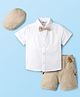 ToffyHouse Cotton Woven Half Sleeves Printed Party Shirt & Striped Shorts Set with Bow Suspender & Hat - Beige & White