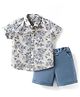 ToffyHouse Poplin Woven Half Sleeves Floral Printed Party Shirt & Shorts With Bow & Suspender - Off White & Blue