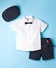 ToffyHouse Cotton Knit Half Sleeves Printed Shirt & Striped Short Set With Bow Suspender & Cap - White & Navy Blue